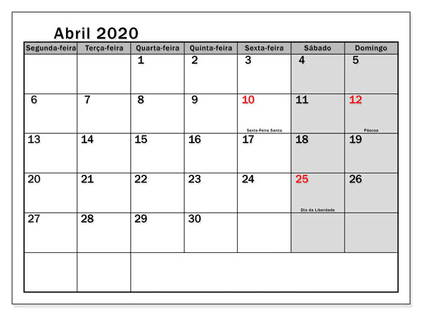 Calendário Gratuito Abril 2020 Portugal