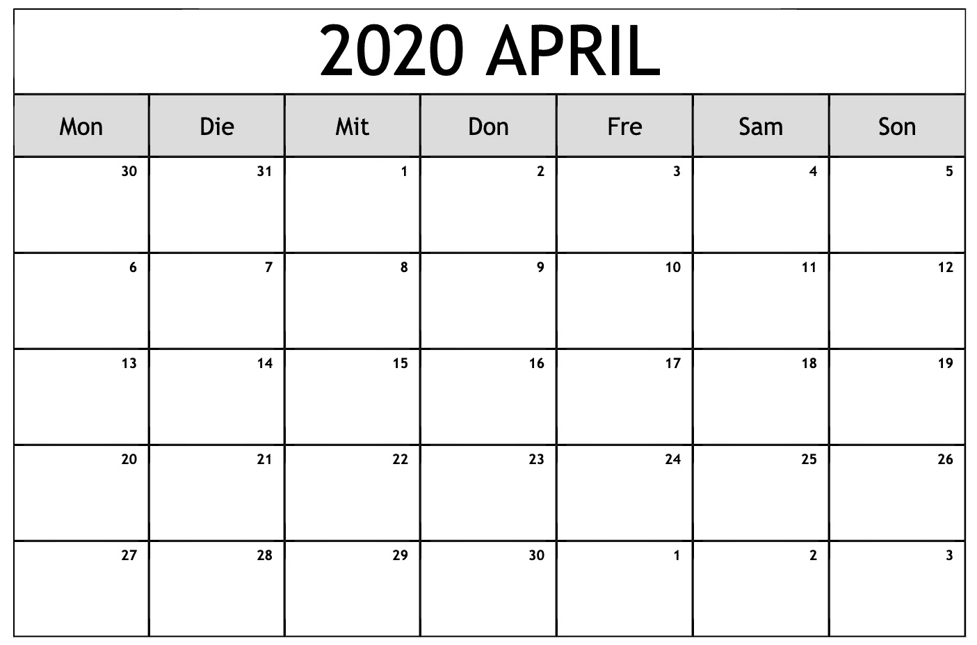 Kalender 2020 April