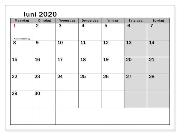Kalender 2020 Juni Leer