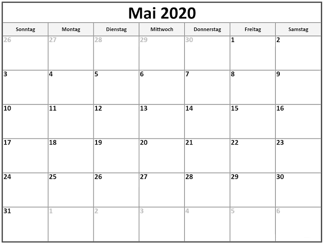 Kalender 2020 Mai Frei