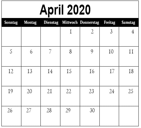 Kalender April 2020 Mit Feiertagen