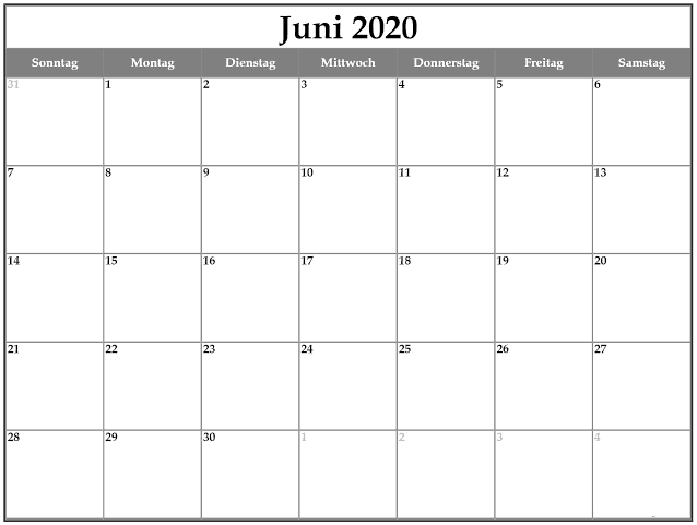 Kalender Juni 2020 Zum Ausdrucken Monats