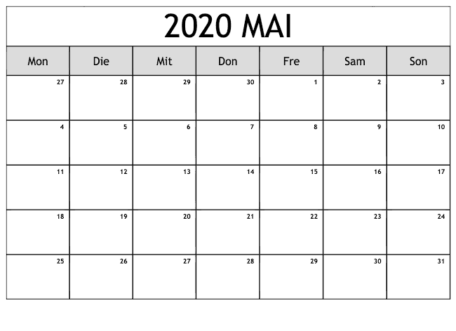 Kalender Mai 2020 Mit Feiertagen Tabelle