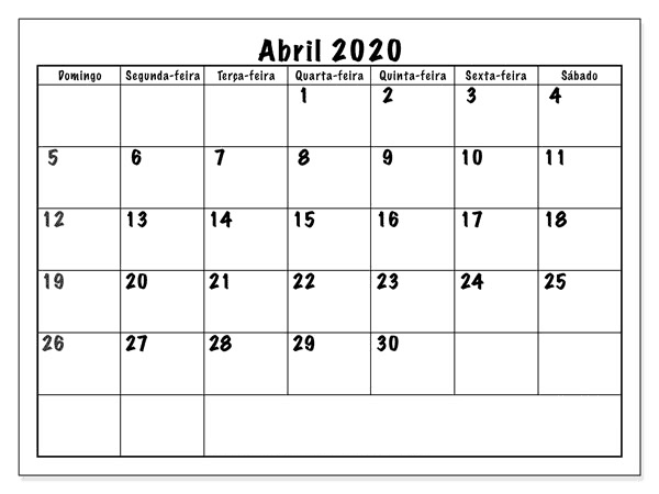 Livre Calendário Gratuito Abril 2020
