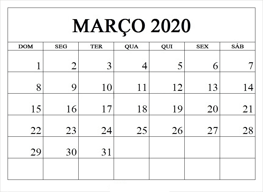 Março 2020 Calendario Excel