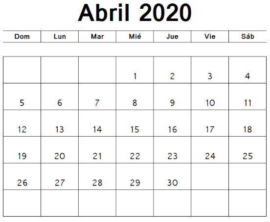 Modelo Calendario Abril 2020 Argentina