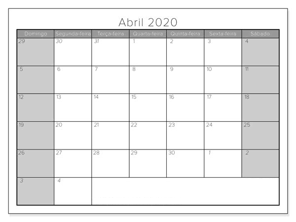 Mês Calendário Gratuito Abril 2020
