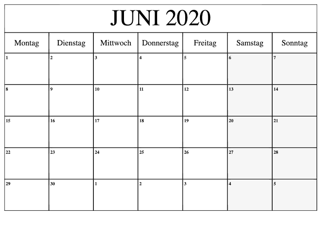 Planer Kalender 2020 Juni