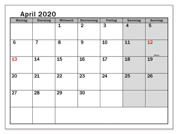 kalender April 2020 Belgien