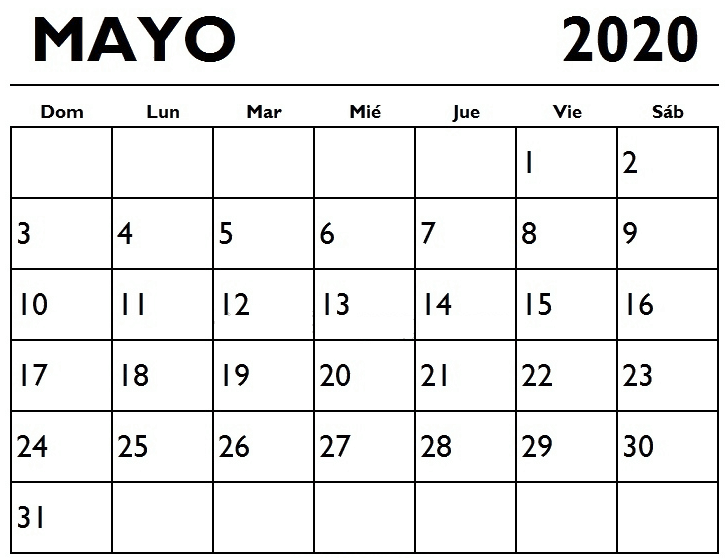 Calendario Mayo 2020 Imprimir