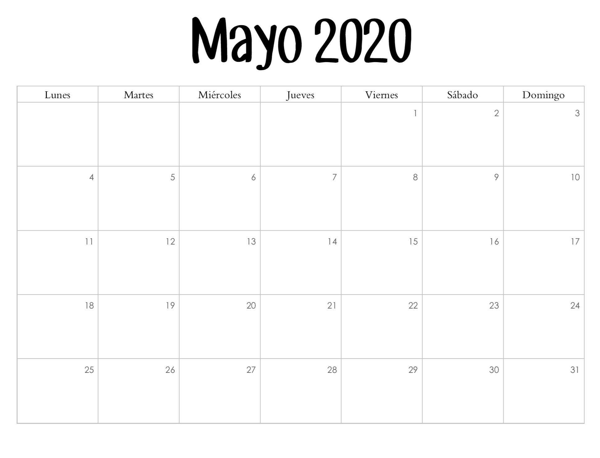 Calendario Mayo 2020 Para Imprimir Blanco