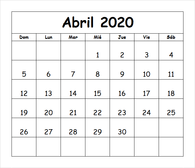 Calendário 2020 Abril Gratuito