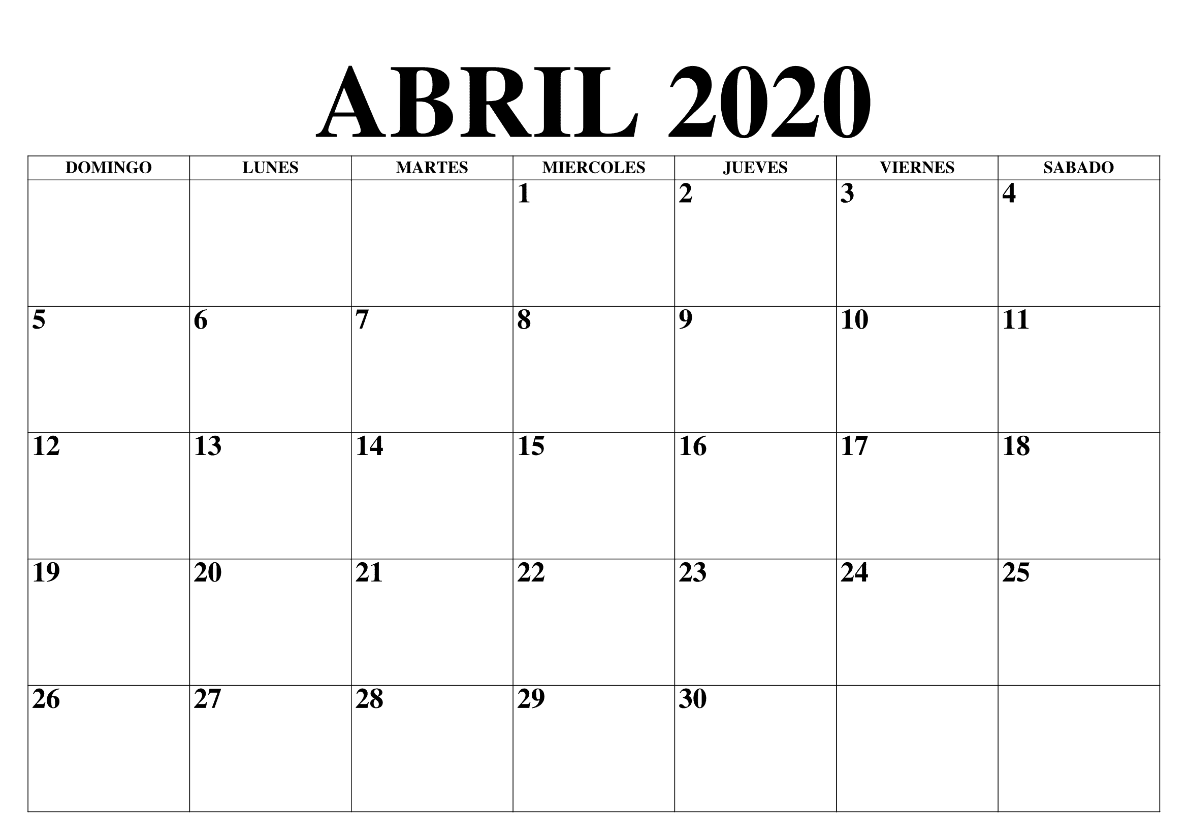 Calendário 2020 Abril