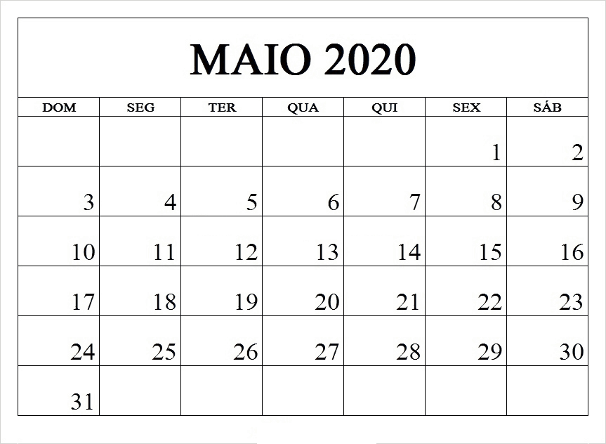 Calendário Maio 2020 Excel