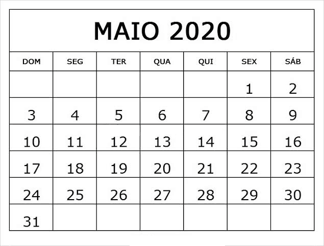 Calendário Maio 2020 Imprimir