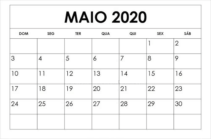 Calendário Maio 2020 Imprimir Livre