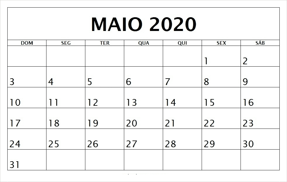 Calendário Maio 2020 Imprimir