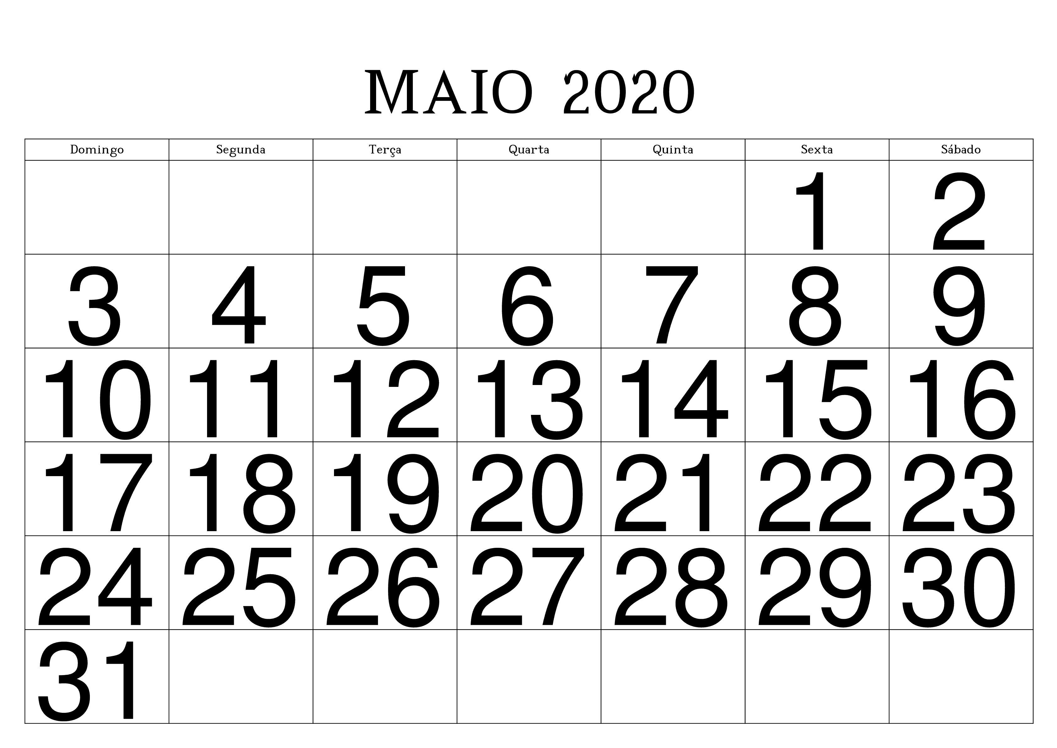 Calendário Maio 2020 Para Imprimir Editável