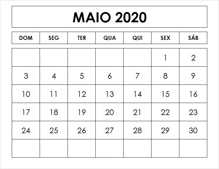 Calendário Maio 2020 Para Imprimir Gratuito