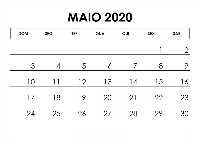 Calendário Maio 2020 Para Imprimir Livre