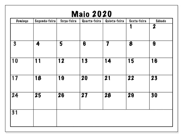 Calendário Maio 2020