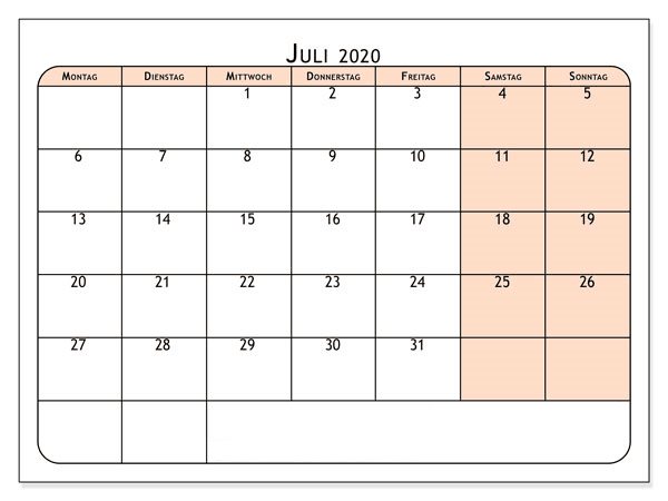 Frei Kalender Juli 2020 Zum Ausdrucken