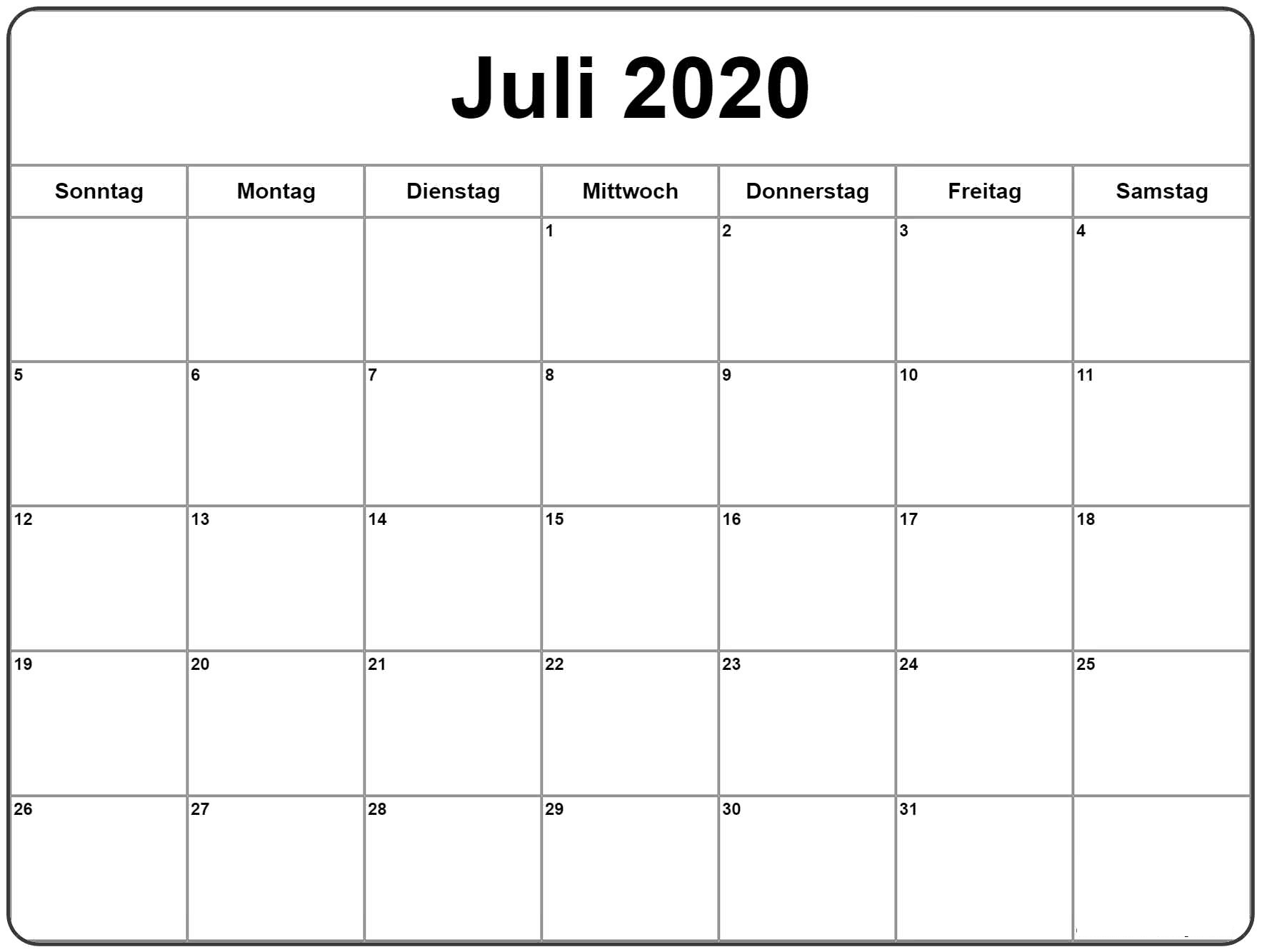 Frei Kalender Juli 2020