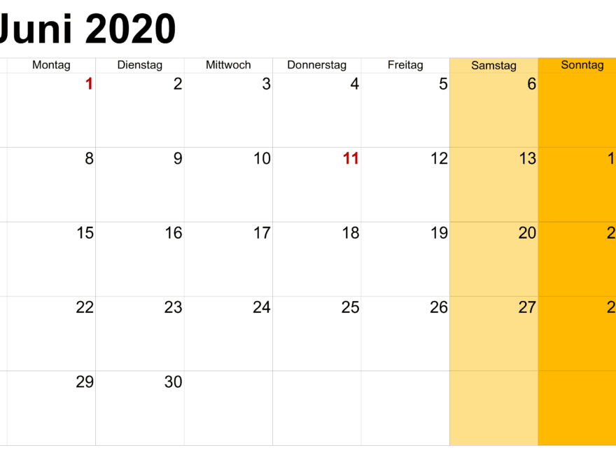 Frei Kalender Juni 2020 Mit Feiertagen