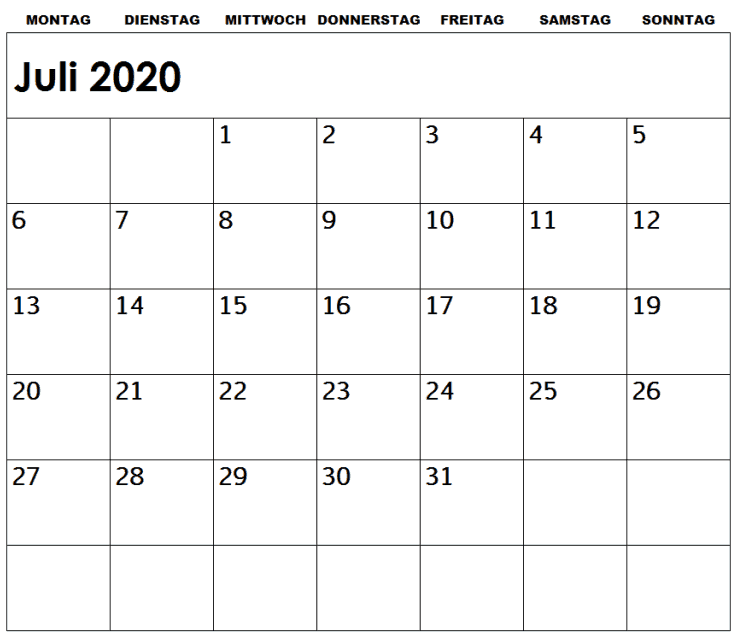 Kalender 2020 Juli Zum Ausdrucken