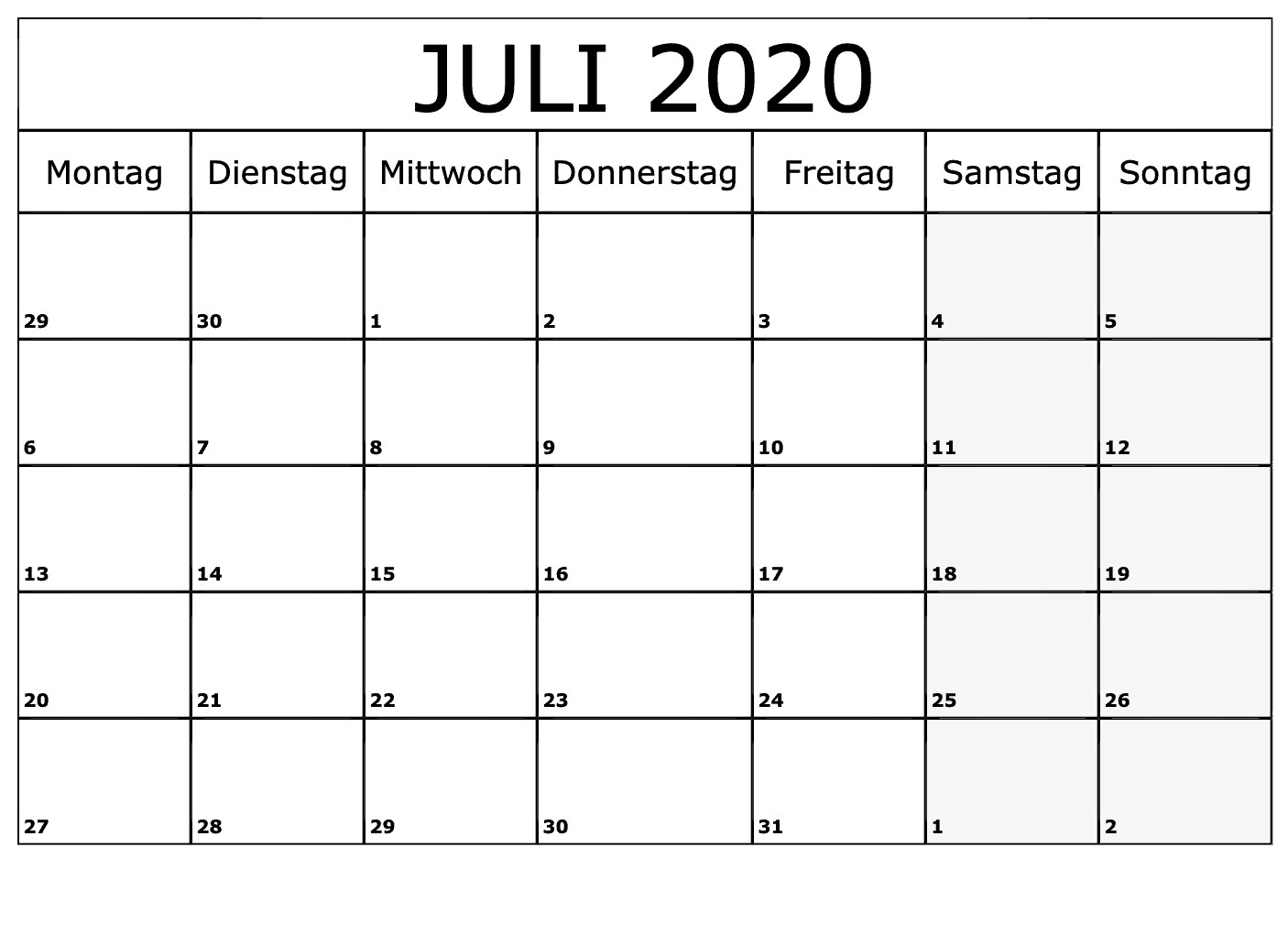 Frei Kalender Juli 2020 Mit Feiertagen