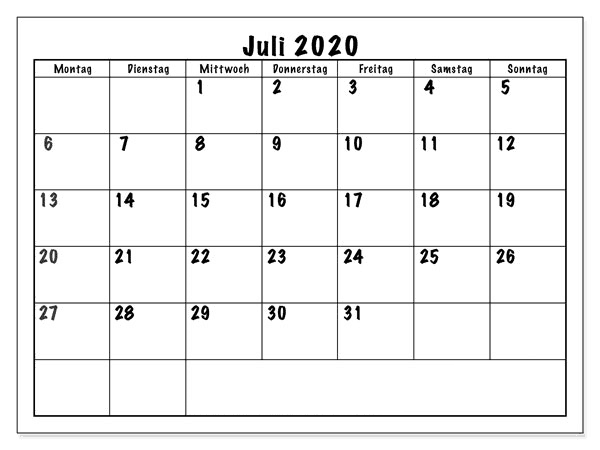 Kalender Juli 2020 Mit Feiertagen Leer