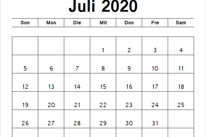 Kalender Juli 2020 Mit Feiertagen Notizen