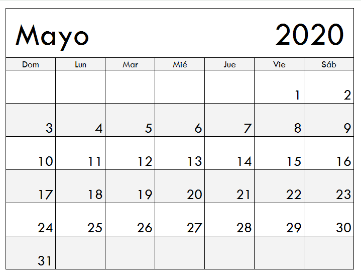 Mayo 2020 Calendario Bonito