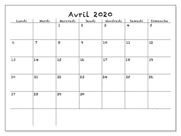 Avril Calendrier 2020 Notes