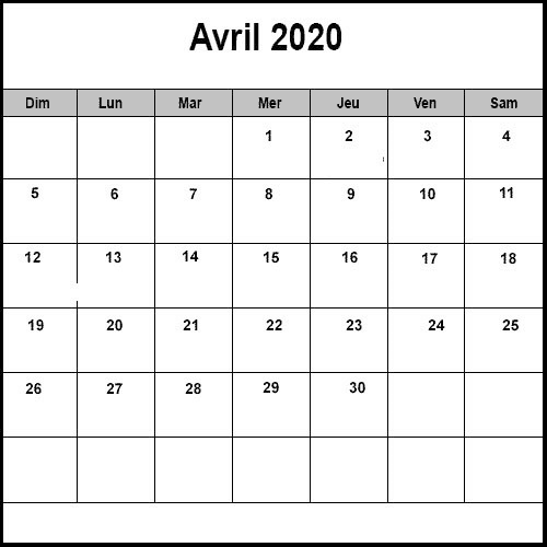 Avril Calendrier 2020 Table