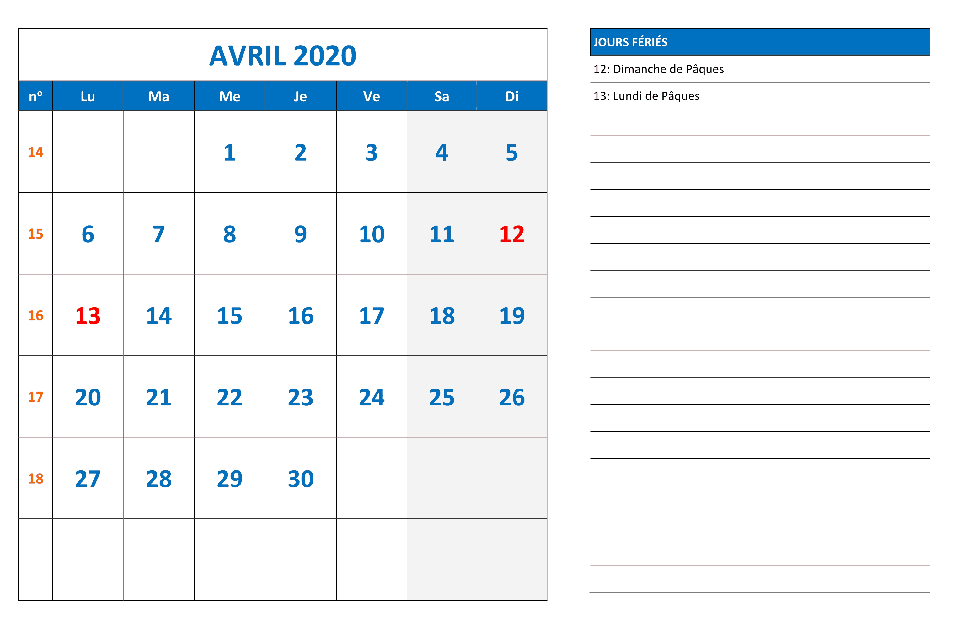 Calendrier Avril 2020 PDF Modele