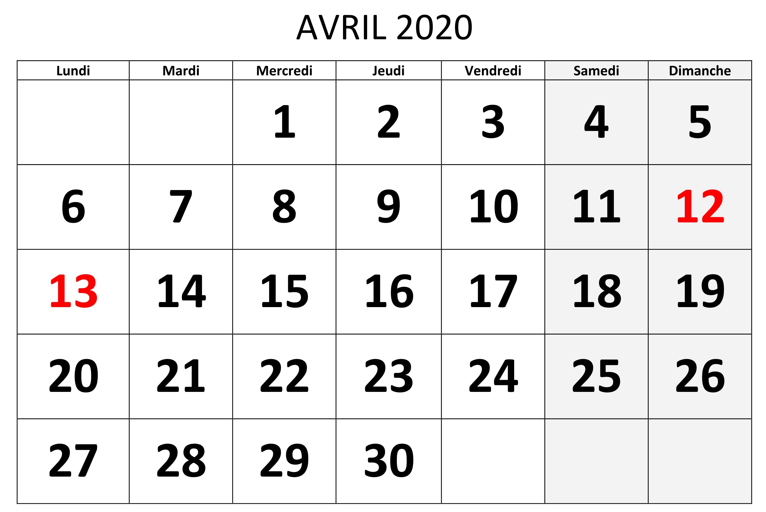 Calendrier Avril 2020 PDF Notes