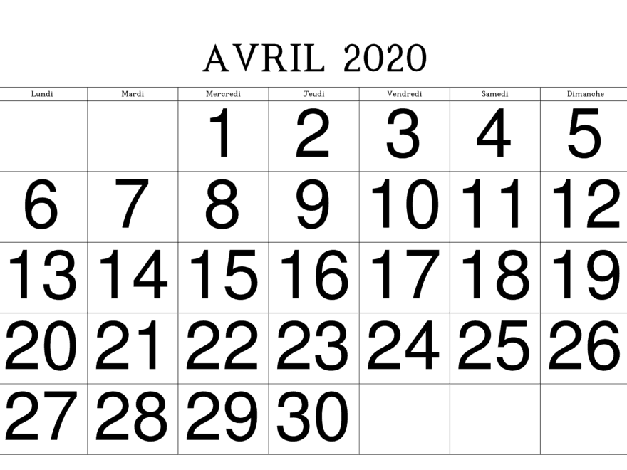 Calendrier Avril 2020 PDF Table