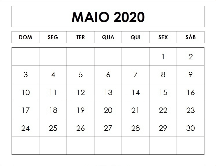 Calendário 2020 Maio Feriados