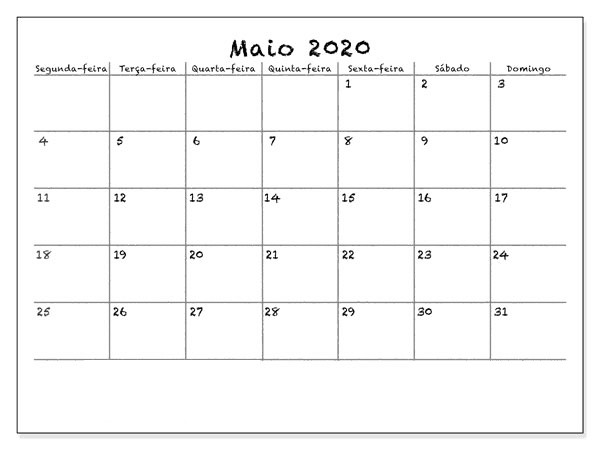 Calendário 2020 Maio Gratuito