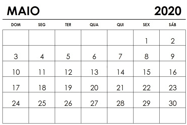 Calendário 2020 Maio Livre