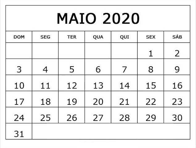 Calendário Maio 2020 Imprimir