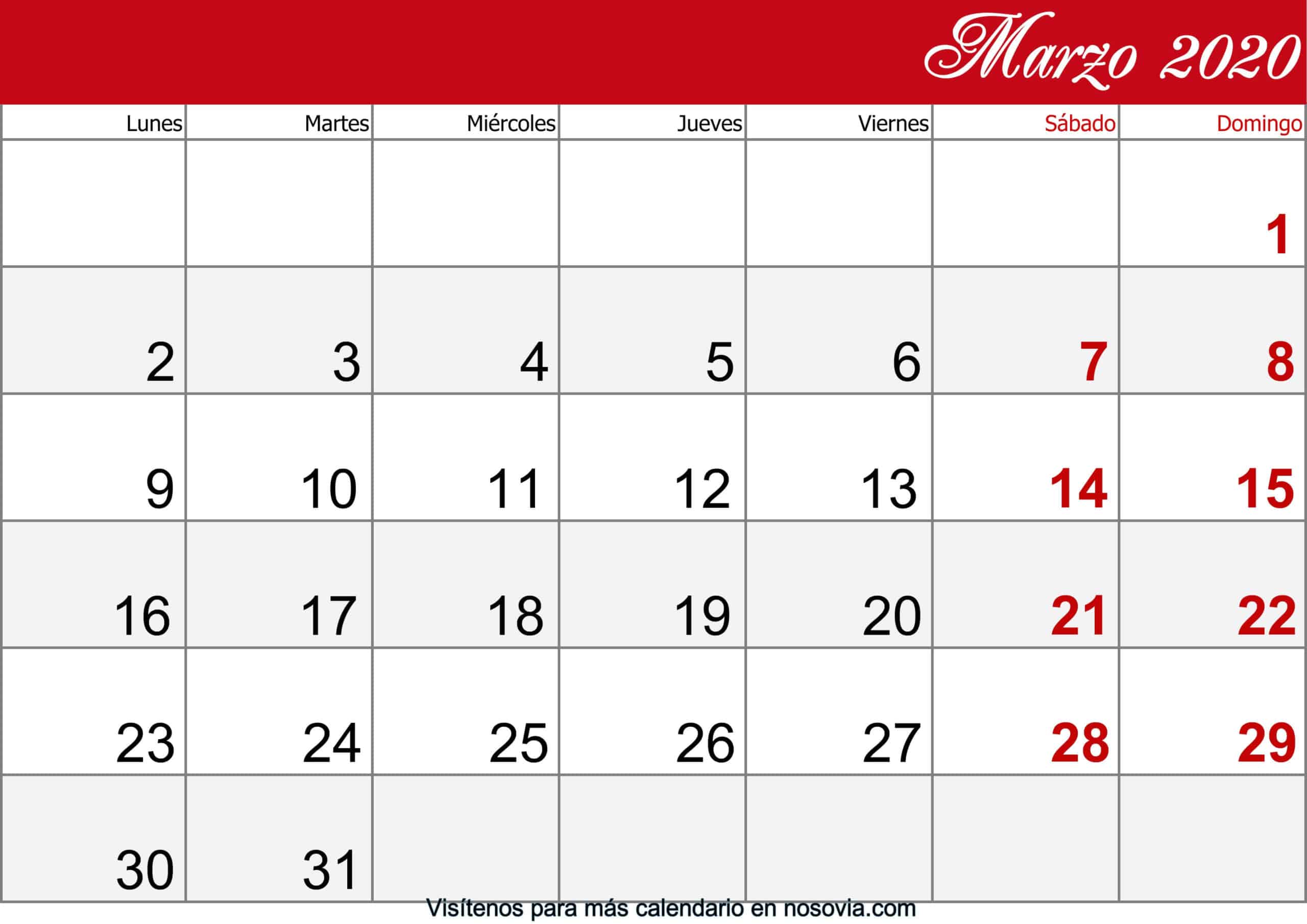 Calendario Marzo 2020 Con Festivos imprimible