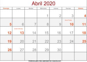 Calendario abril 2020 Con Festivos Formato