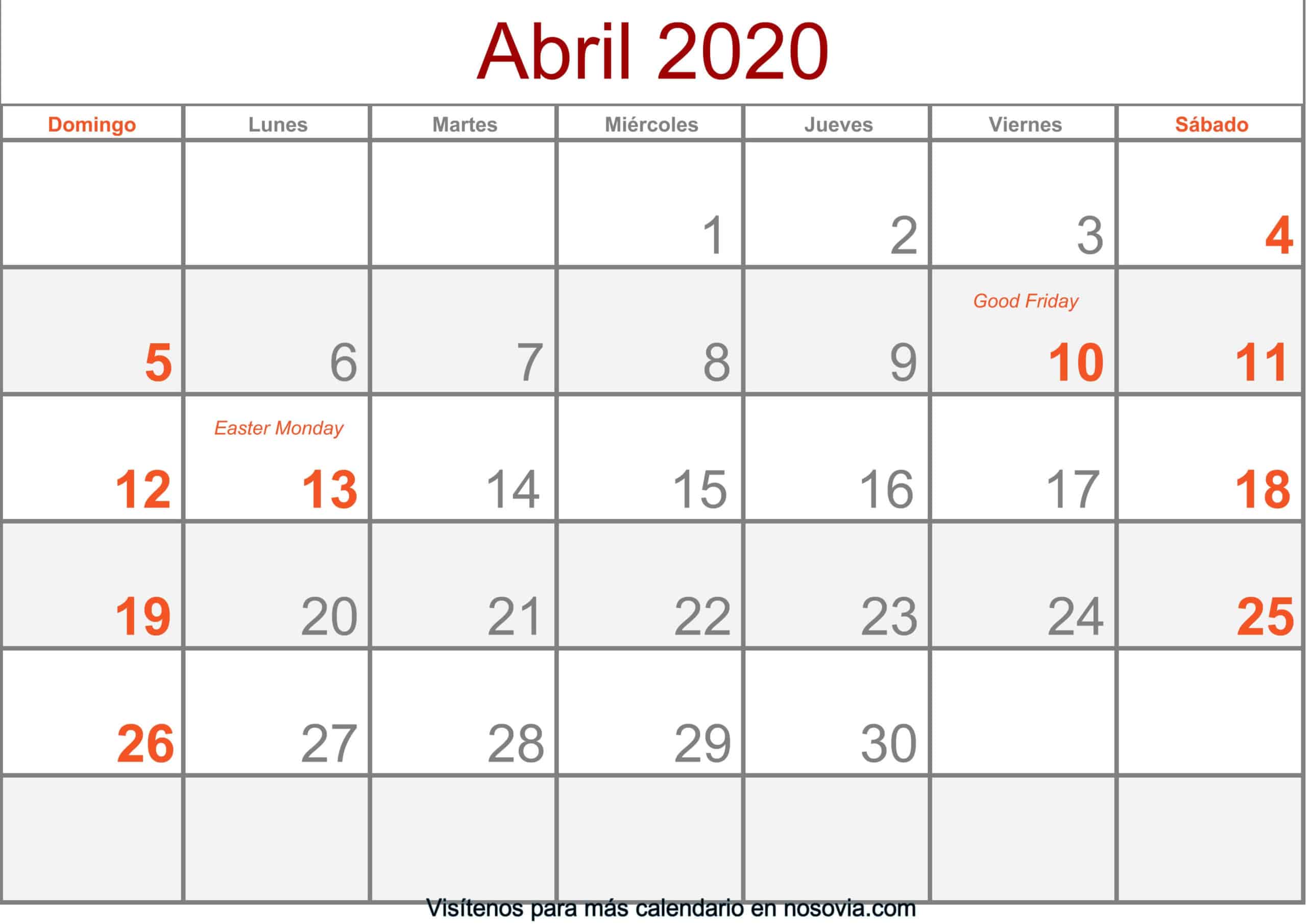 Calendario abril 2020 Con Festivos Formato