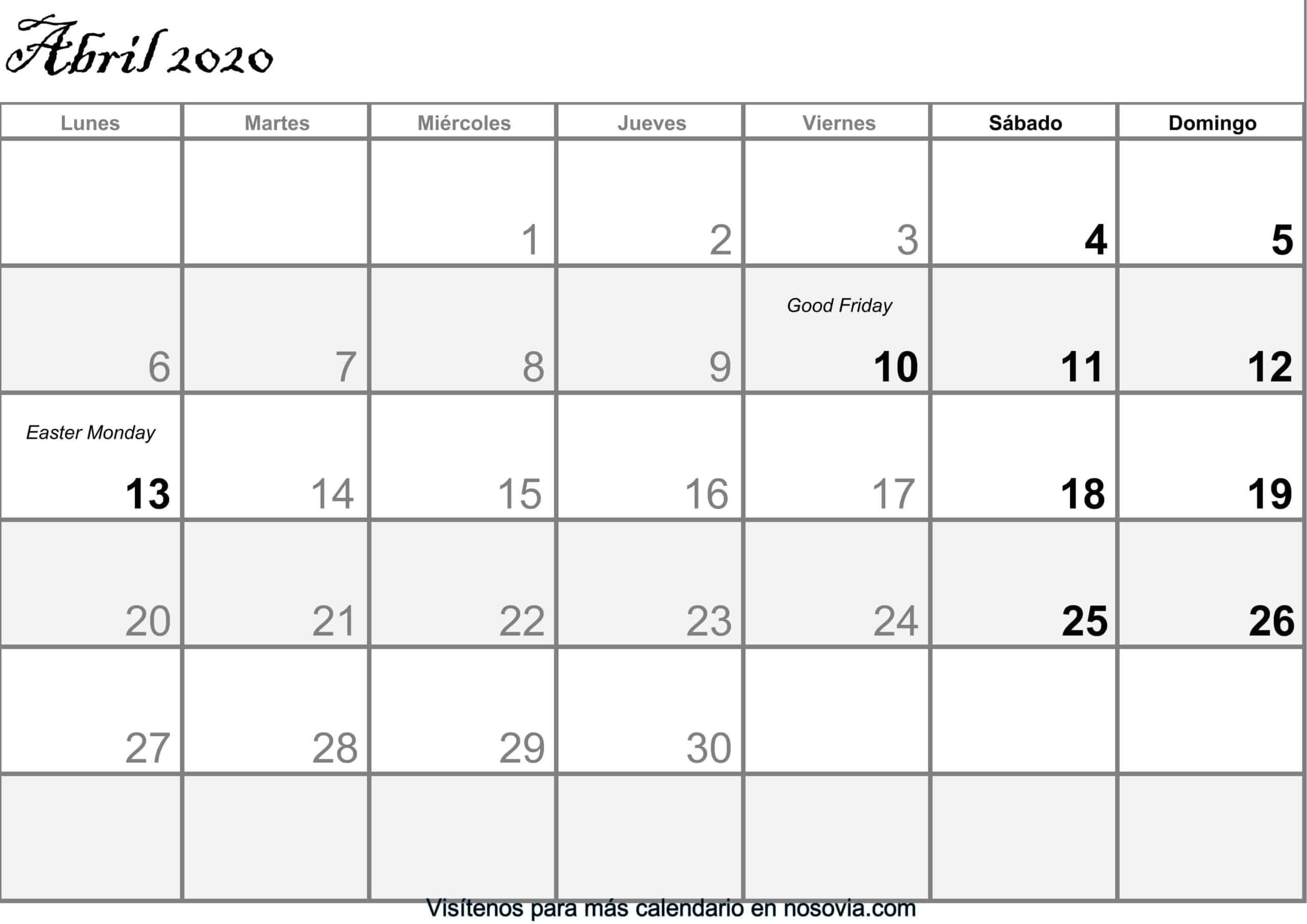 Calendario abril 2020 Con Festivos PDF