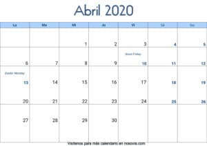 Calendario abril 2020 Con Festivos Palabra