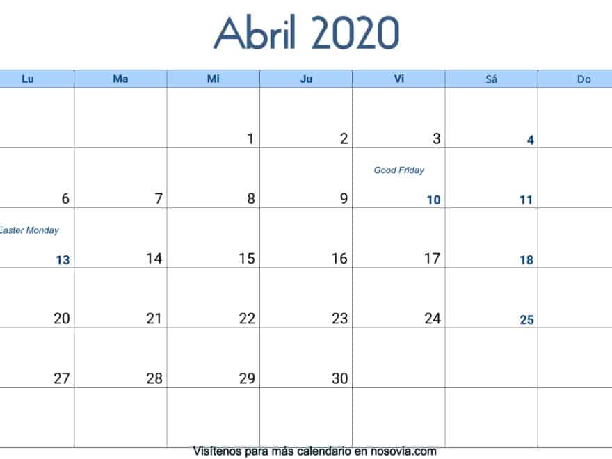 Calendario abril 2020 Con Festivos Palabra