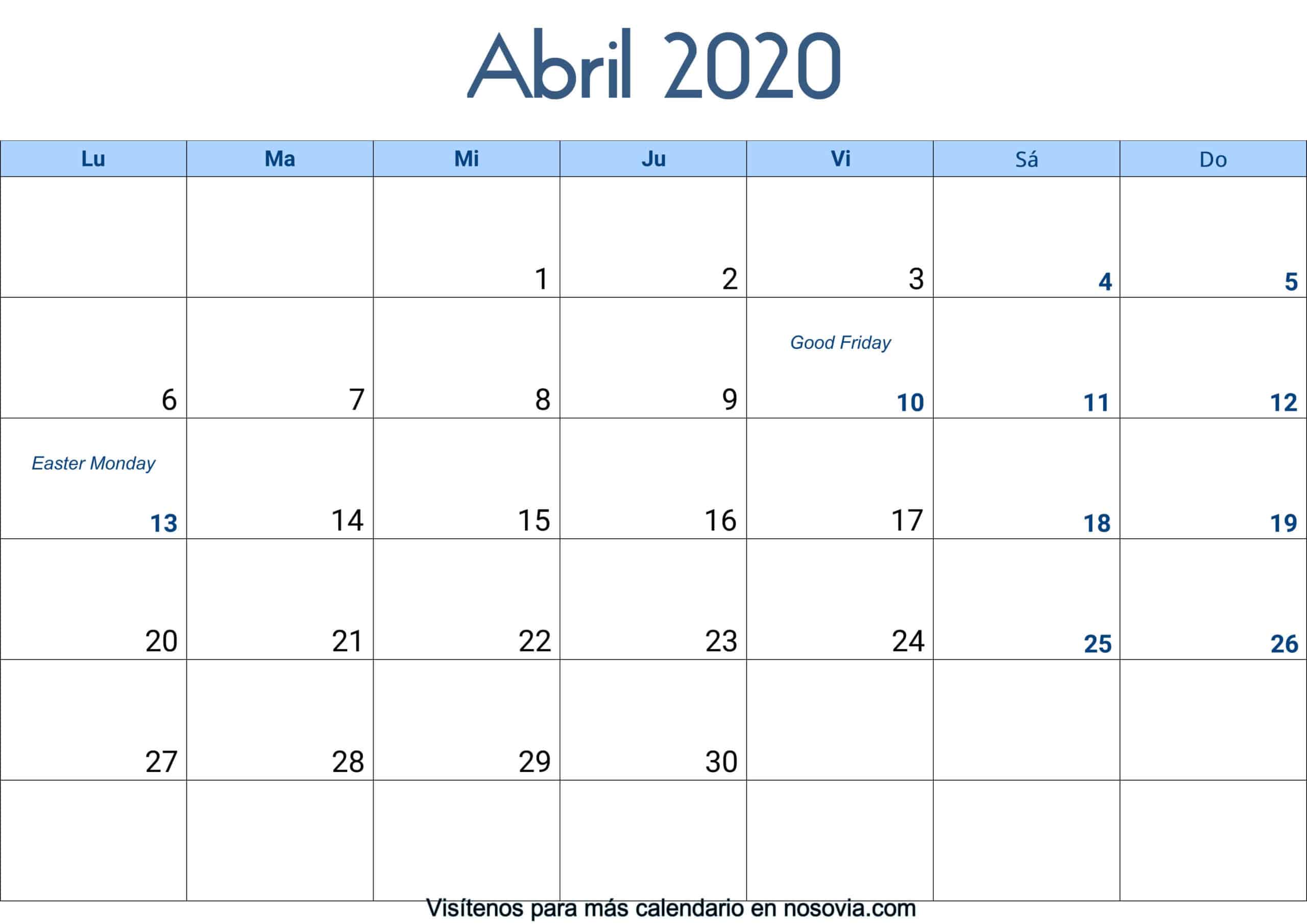 Calendario abril 2020 Con Festivos Palabra