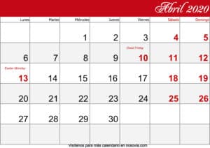 Calendario abril 2020 Con Festivos imprimible